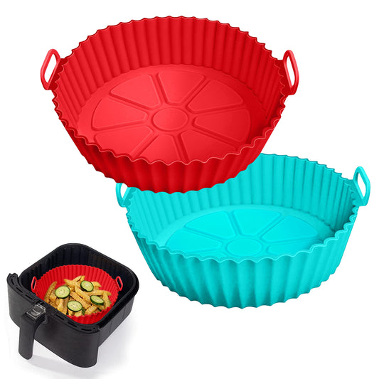 AKSDTH 2 Pack Air Fryer Silicone Liners for 5 QT or Bigger,Silicone Air Fryer Liners Inserts,Replacement of Flammable Parchment Paper,Reusable Baking Tray Oven Accessories,Red+Blue(Top8.66in, Bottom7.48in)