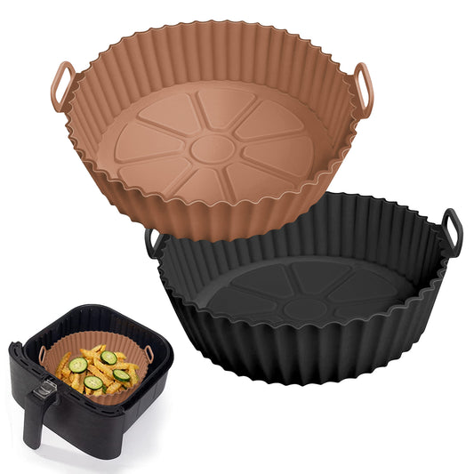 AKSDTH 2 Pack Air Fryer Silicone Liners Pot for 3 to 5 QT, Air Fryer Silicone Basket Bowl, Replacement of Flammable Parchment Paper, Reusable Baking Tray Oven Accessories, Brown+Blk, (Top 8in, Bottom 6.75in)