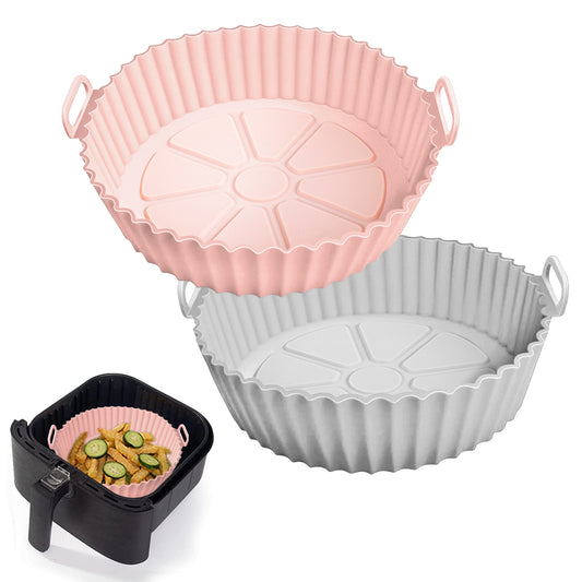 AKSDTH 2 Pack Air Fryer Silicone Liners for 5 QT or Bigger,Silicone Air Fryer Liners Inserts,Replacement of Flammable Parchment Paper,Reusable Baking Tray Oven Accessories,Pink+Grey(Top8.66in, Bottom7.48in)