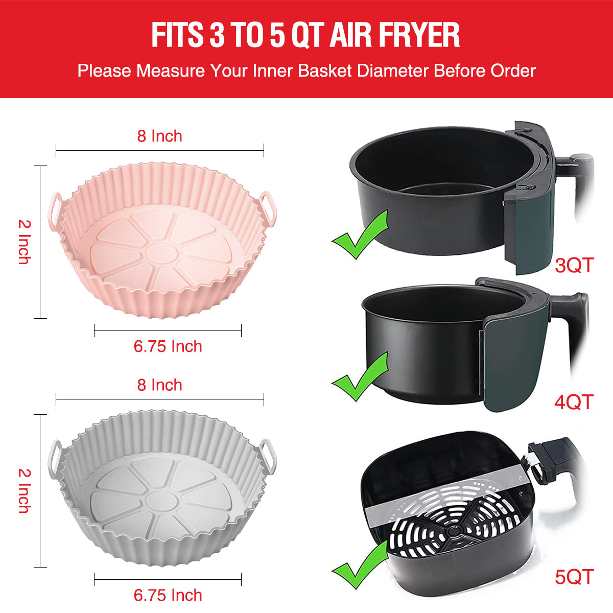 AKSDTH 2 Pack Air Fryer Silicone Liners Pot for 3 to 5 QT, Air Fryer Silicone Basket Bowl, Replacement of Flammable Parchment Paper, Reusable Baking Tray Oven Accessories, Pink+Grey, (Top 8in, Bottom 6.75in)