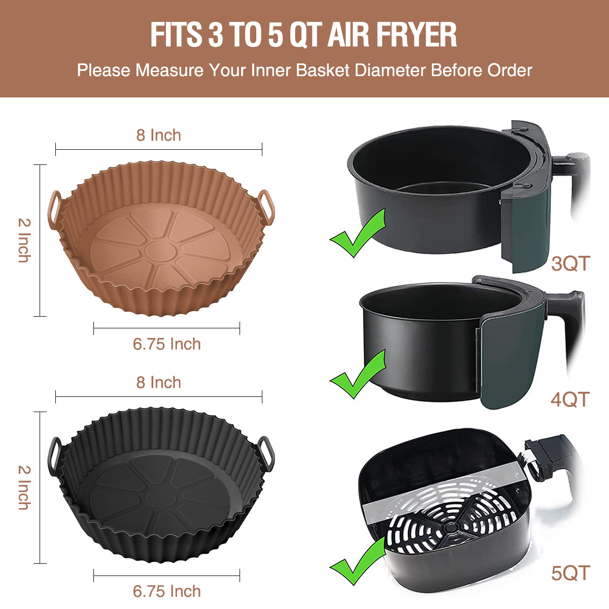 Air Fryer Silicone Liners 3-Pack, Reusable Air Fryer Liner Pots, 8 Inch  Silicone Air Fryer Basket Bowl, Air Fryer Inserts for 4 to 6 QT for Oven  Microwave Accessories