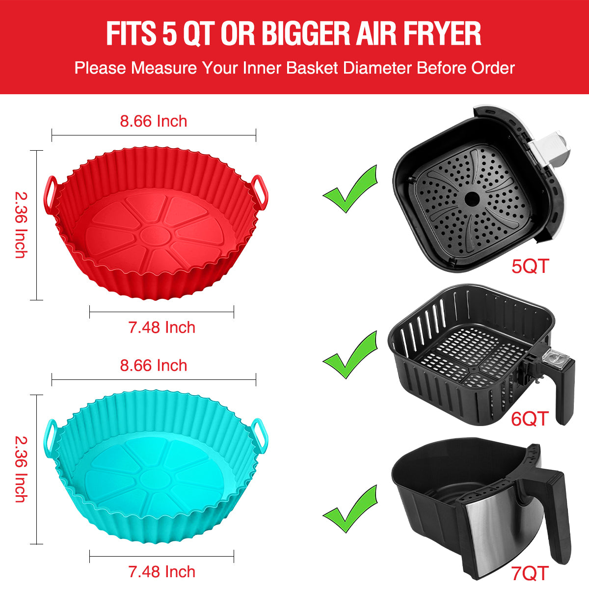 AKSDTH 2 Pack Air Fryer Silicone Liners for 5 QT or Bigger,Silicone Air Fryer Liners Inserts,Replacement of Flammable Parchment Paper,Reusable Baking Tray Oven Accessories,Red+Blue(Top8.66in, Bottom7.48in)