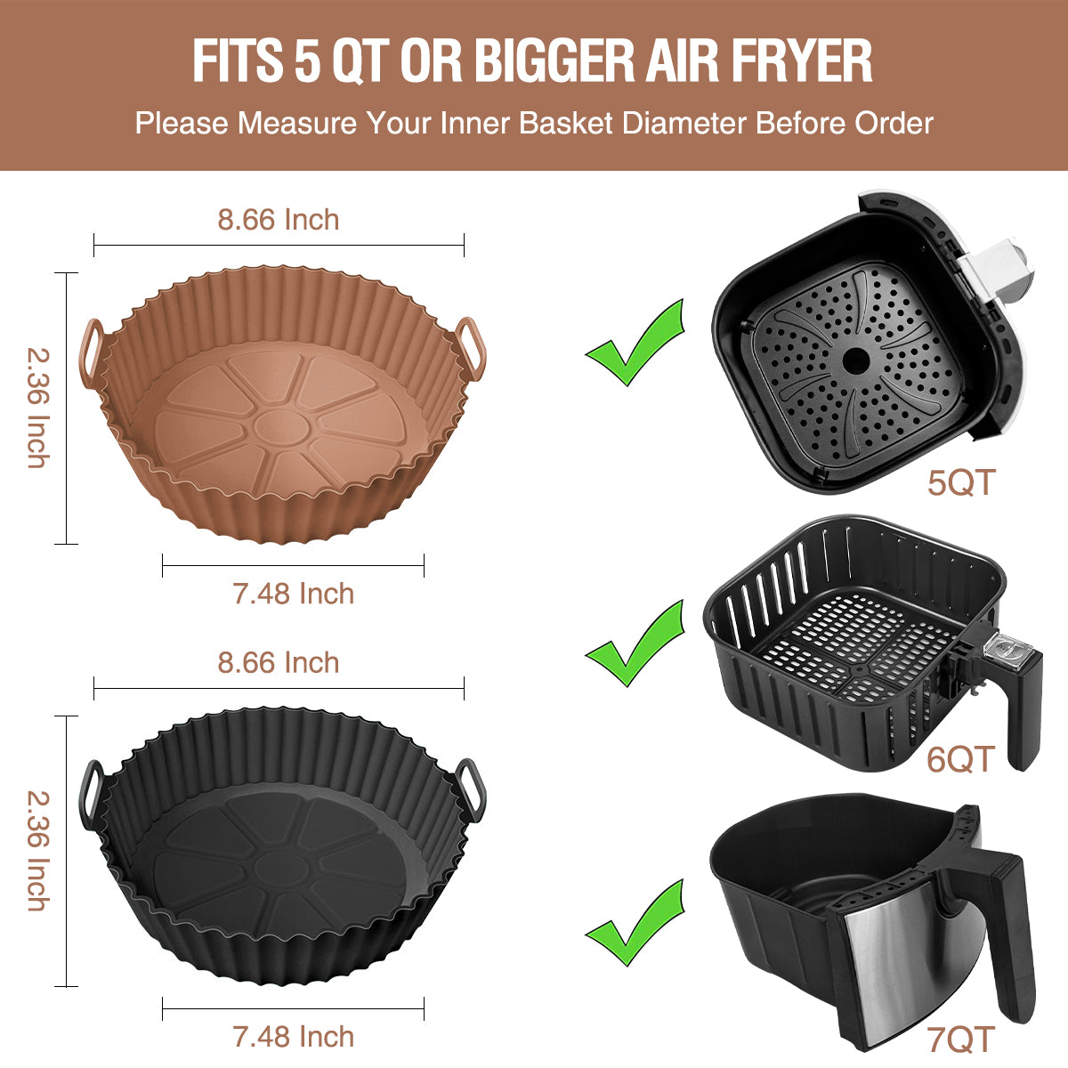 AKSDTH 2 Pack Air Fryer Silicone Liners for 5 QT or Bigger,Silicone Air Fryer Liners Inserts,Replacement of Flammable Parchment Paper,Reusable Baking Tray Oven Accessories,Brown+Blk(Top8.66in, Bottom7.48in)