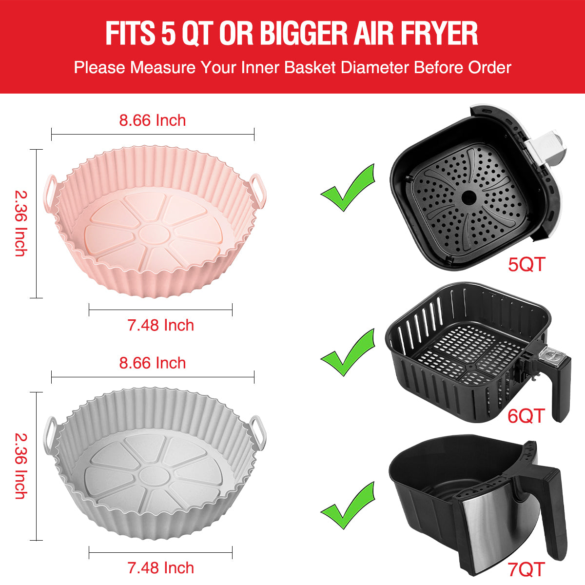 AKSDTH 2 Pack Air Fryer Silicone Liners for 5 QT or Bigger,Silicone Air Fryer Liners Inserts,Replacement of Flammable Parchment Paper,Reusable Baking Tray Oven Accessories,Pink+Grey(Top8.66in, Bottom7.48in)