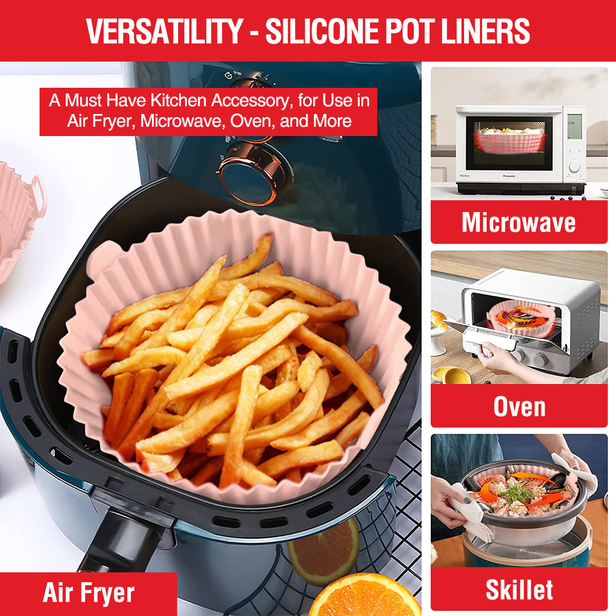 AKSDTH 2 Pack Air Fryer Silicone Liners Pot for 3 to 5 QT, Air Fryer Silicone Basket Bowl, Replacement of Flammable Parchment Paper, Reusable Baking Tray Oven Accessories, Pink+Grey, (Top 8in, Bottom 6.75in)